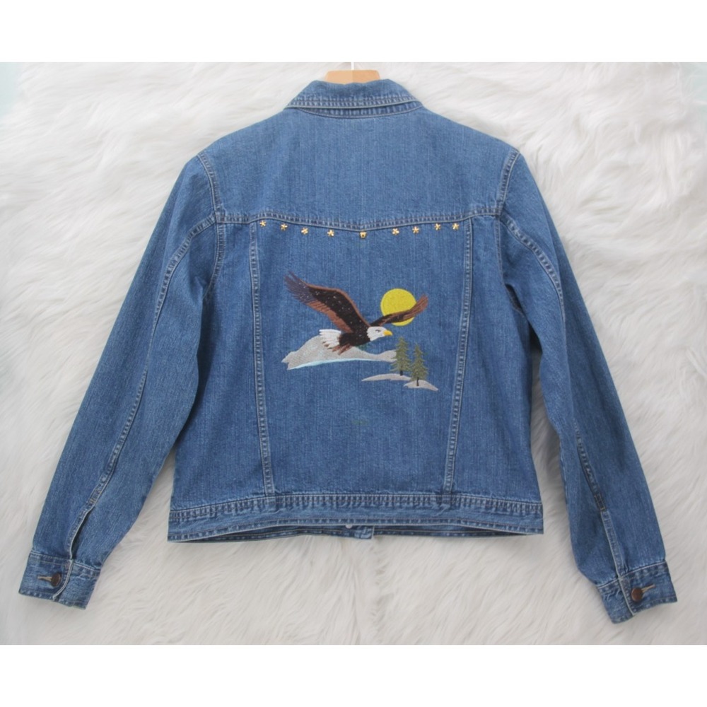 Upcycled Denim Jean Jacket Large Womens Studded Bill Blass Eagle Americana #544